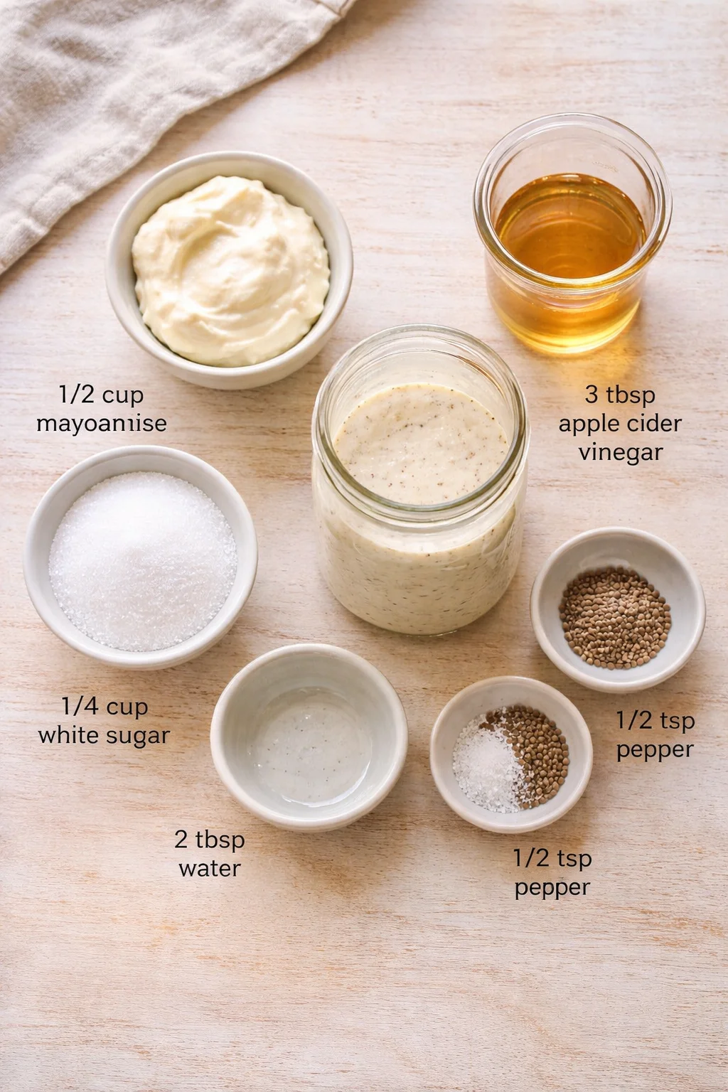 Top-down view of sesame dressing ingredients arranged on a light wooden surface with labeled bowls