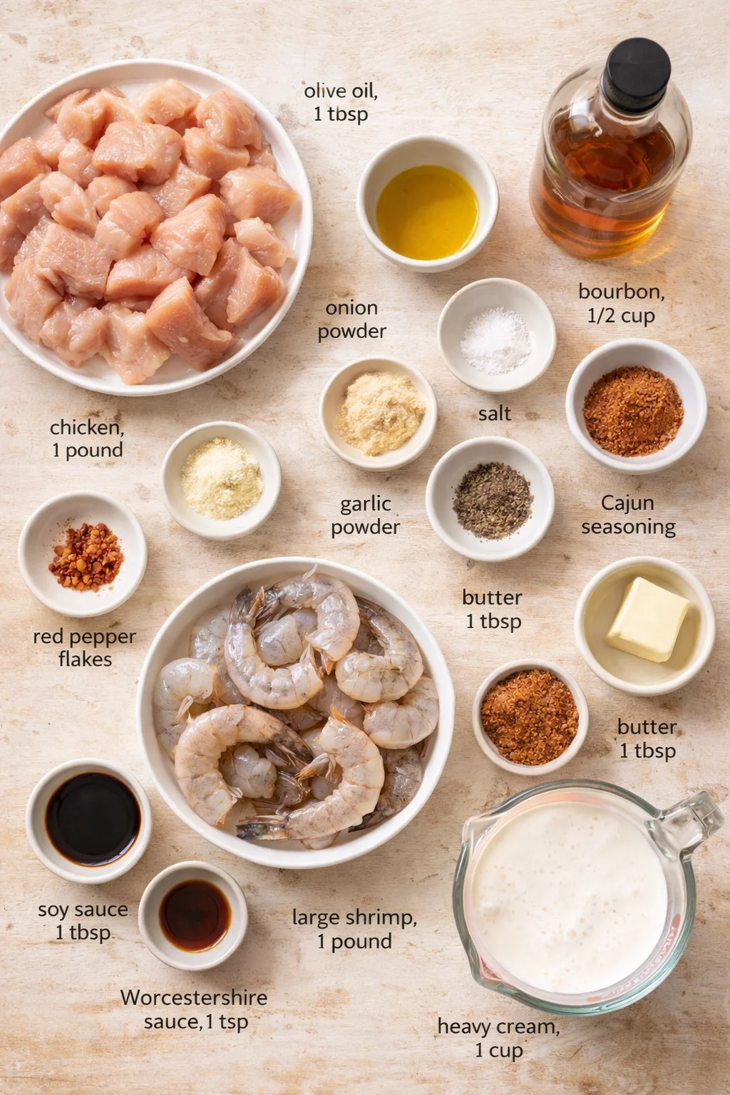 Top-down view of raw chicken and shrimp with labeled bowls of spices and dairy on a wood counter