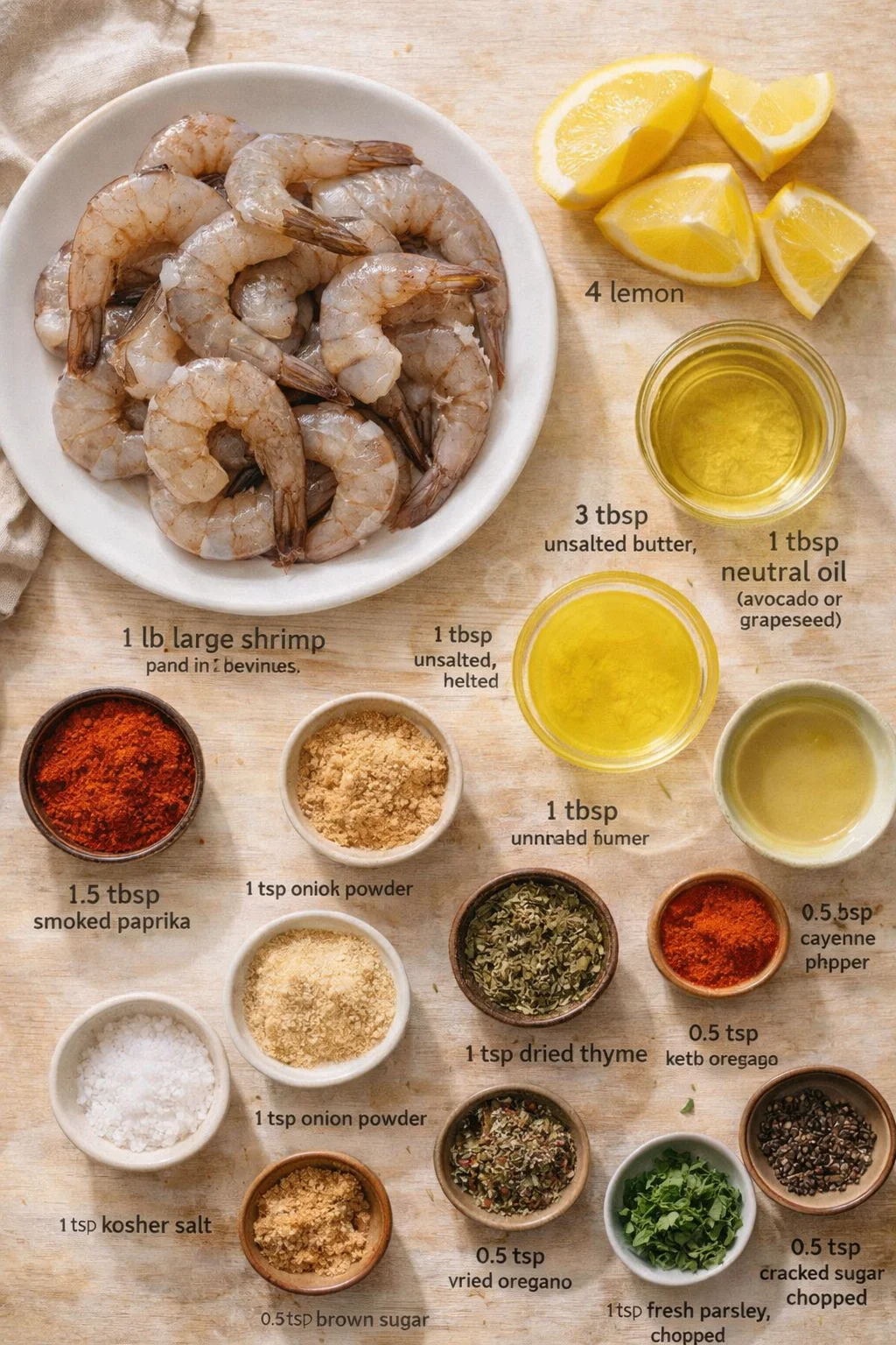 flat lay of raw shrimp in a bowl with lemon wedges and labeled spices on a wooden surface