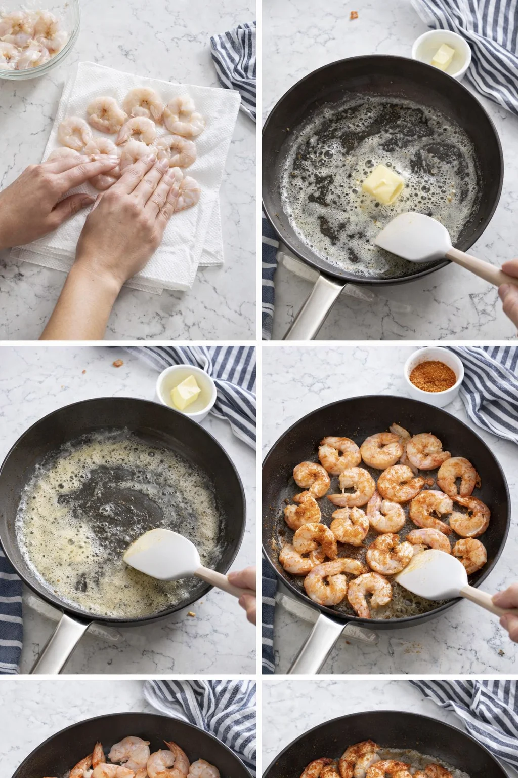 six-panel collage showing raw shrimp prep, melting butter, and sautéed shrimp in a skillet