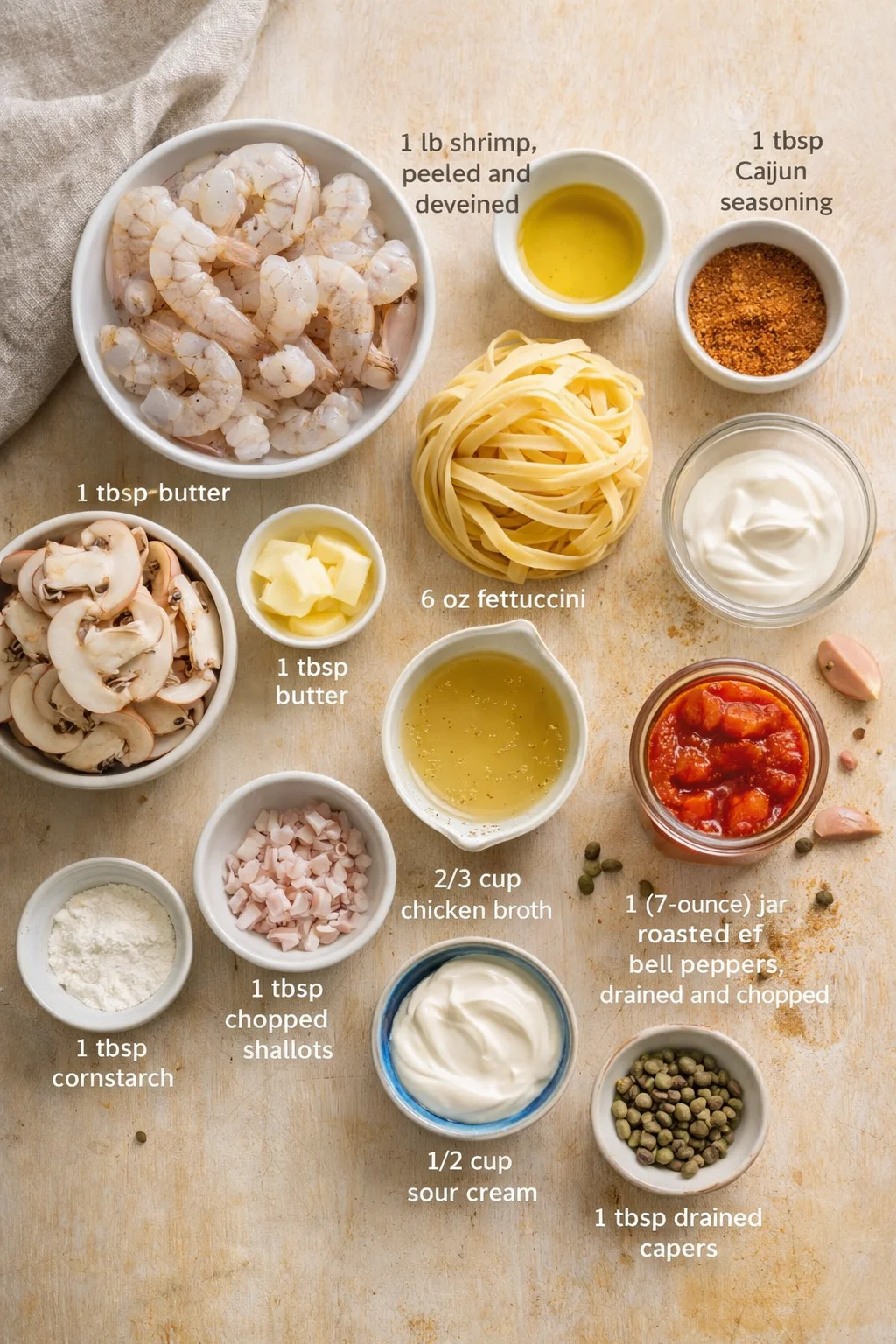 Overhead view of shrimp, fettuccine, and various ingredients laid out on a wooden surface with labeled captions.