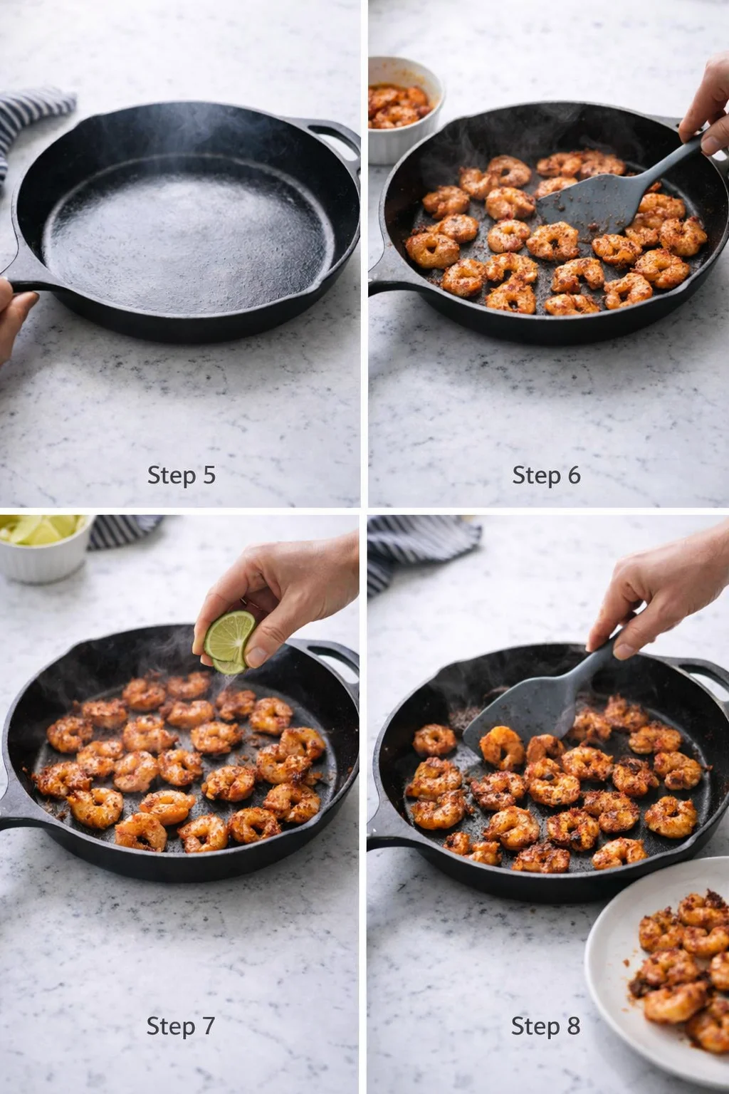 collage showing steps 5–8 of cooking shrimp in a skillet with lime on a marble counter