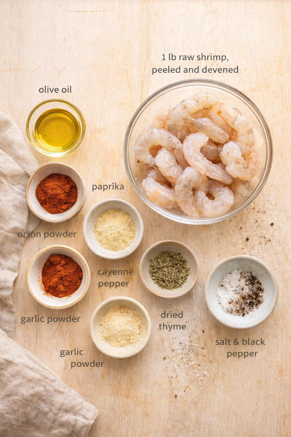 Top-down view of peeled shrimp with bowls of spices and olive oil on a wooden board.