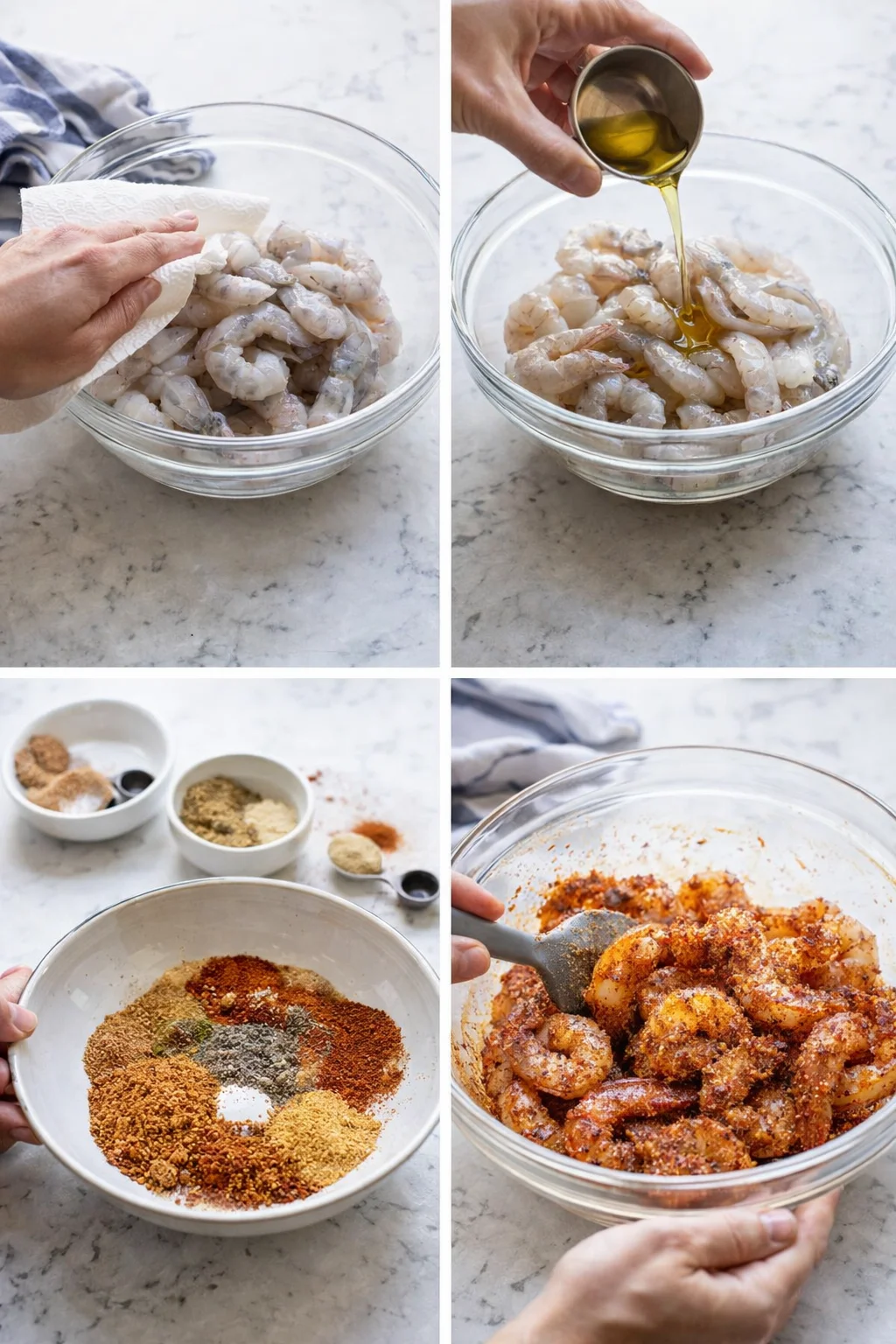 four-panel collage showing shrimp being marinated with oil and spices