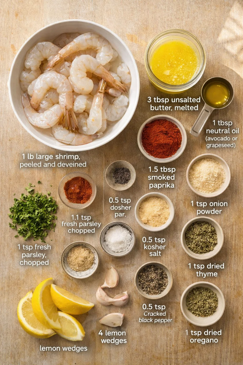 Top-down view of peeled shrimp with labeled spice bowls and lemon wedges.