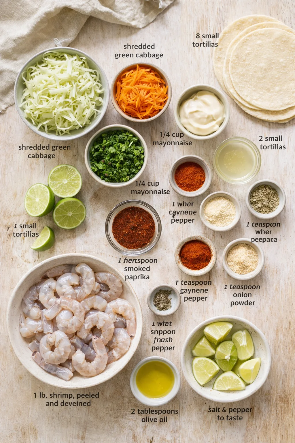 Overhead view of shrimp taco ingredients arranged with tortillas, lime, and bowls.