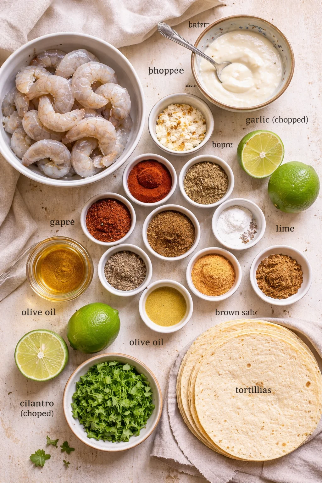 Top-down view of shrimp, tortillas, limes, cilantro, yogurt sauce, and spice bowls with overlaid labels.