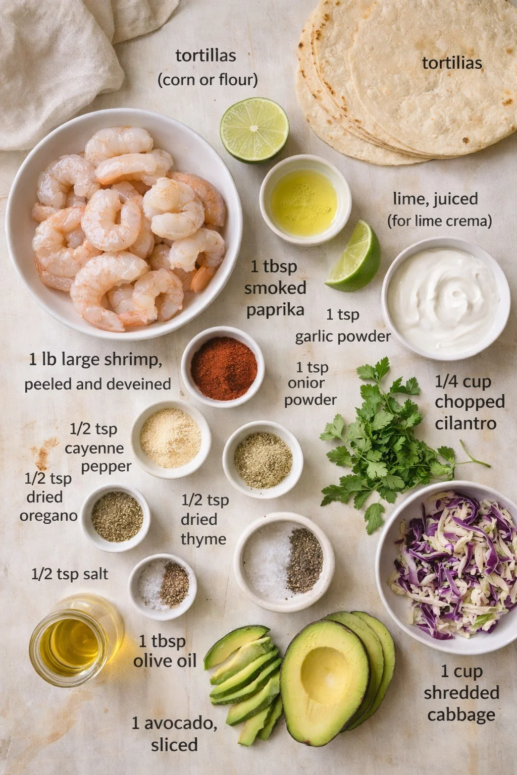 flat lay of shrimp, tortillas, avocado, cabbage, limes, cilantro, and spices labeled for a taco recipe