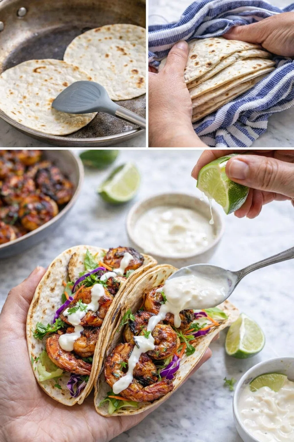 collage showing tortillas on a skillet, hands stacking tortillas, and shrimp tacos with lime and crema.