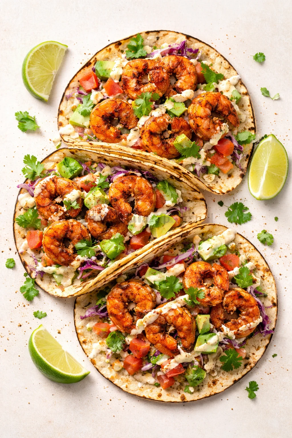 Three grilled tortillas stuffed with shrimp, avocado, tomato, cabbage, cilantro, and a creamy drizzle.