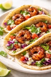 three shrimp-topped tacos with cabbage slaw, cilantro, tomato, jalapeño, and lime on a white plate