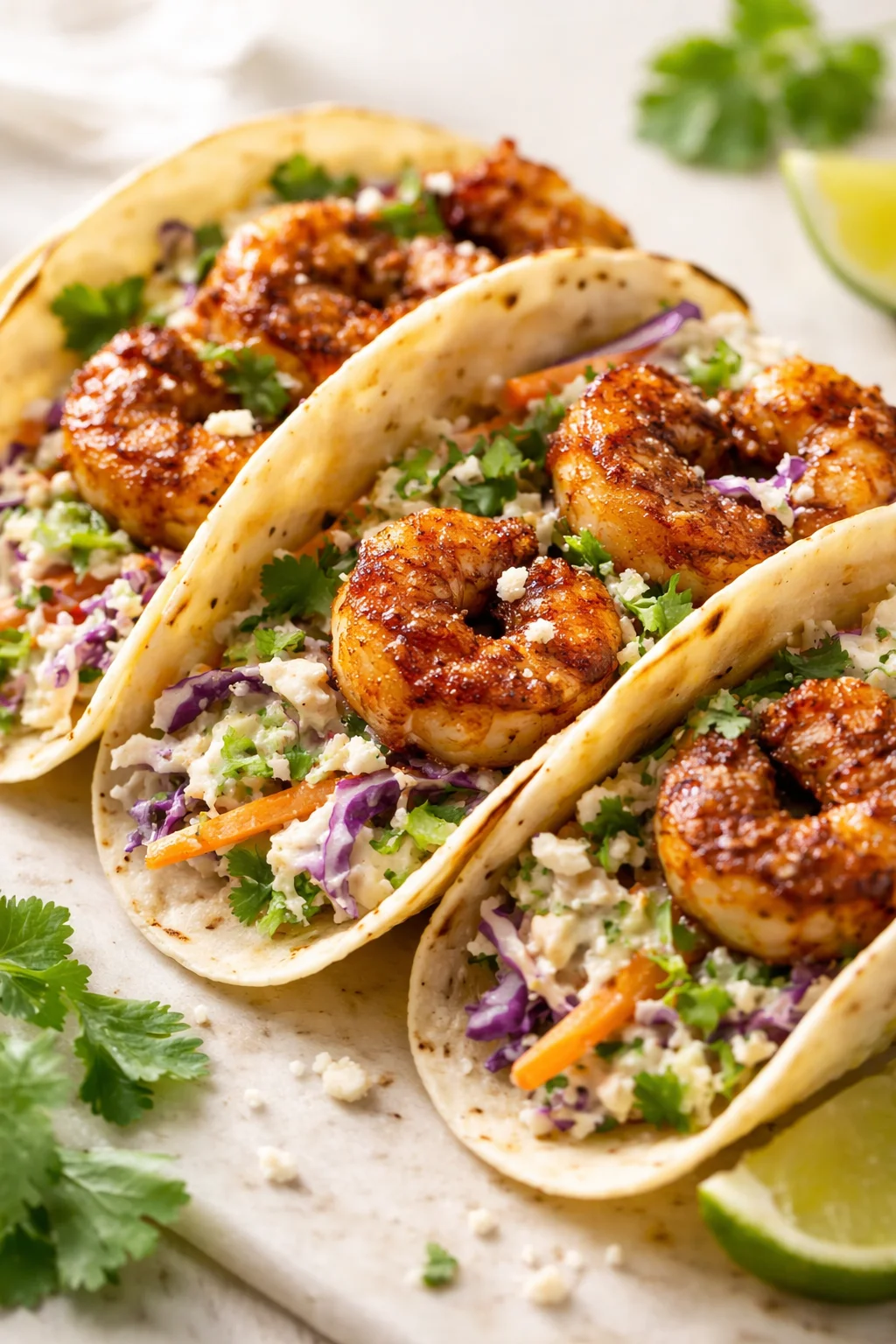 three shrimp tacos with cilantro-lime slaw on warm tortillas, topped with fresh cilantro