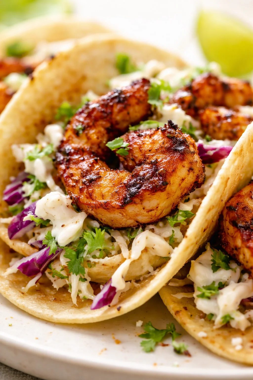 Close-up of grilled shrimp tacos with cabbage slaw, cilantro, and creamy sauce.