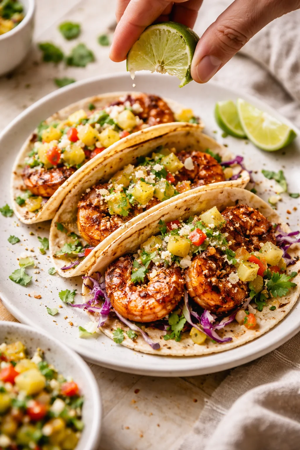three shrimp tacos on a white plate, topped with pineapple salsa and cilantro, hand squeezing a lime