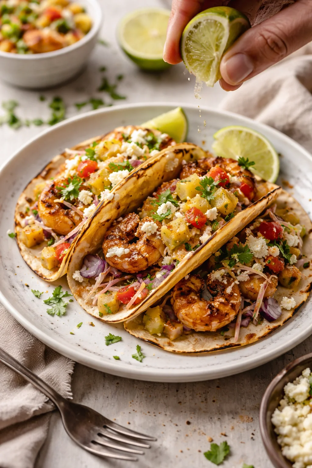 hand squeezing lime over three grilled shrimp tacos with pineapple on a white plate
