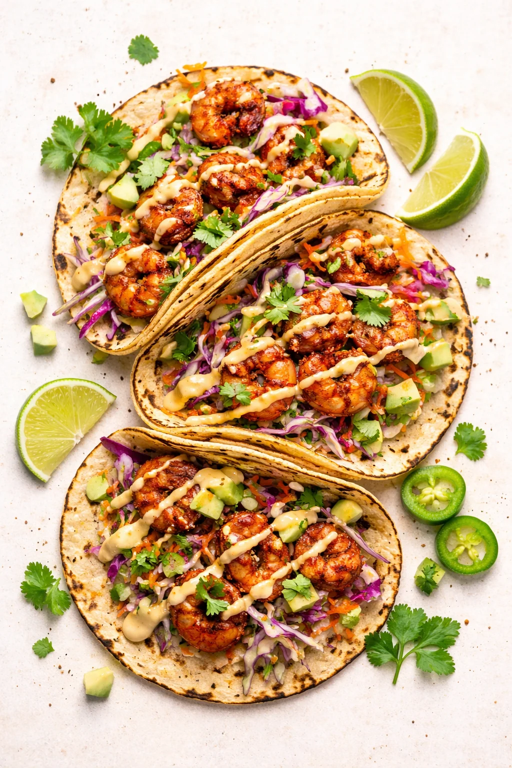 three shrimp tacos on tortillas with slaw, crema, avocado, cilantro, lime wedges