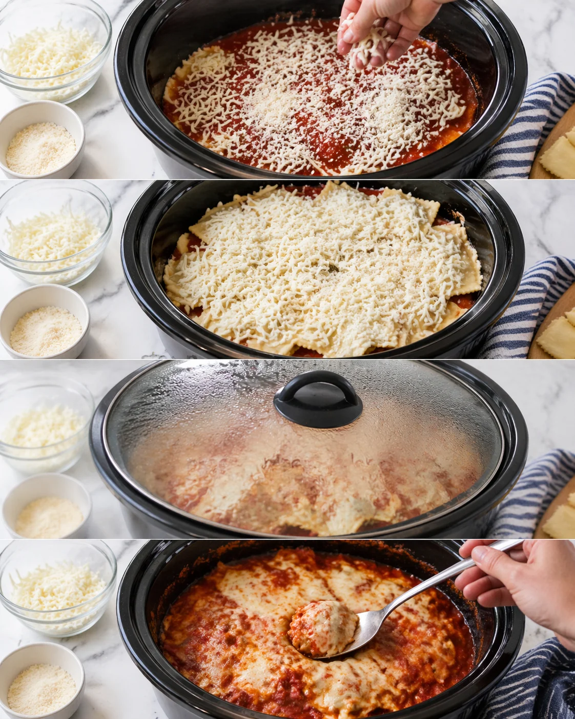four-panel collage showing steps to assemble lasagna in a slow cooker with sauce, noodles, and cheese