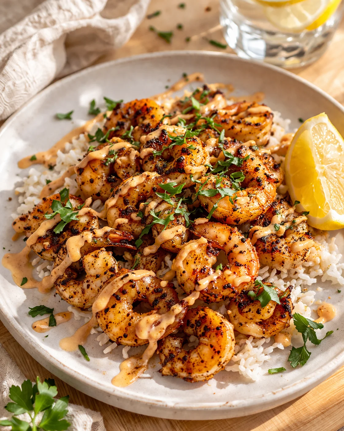 plated shrimp over white rice with creamy drizzle and a lemon wedge