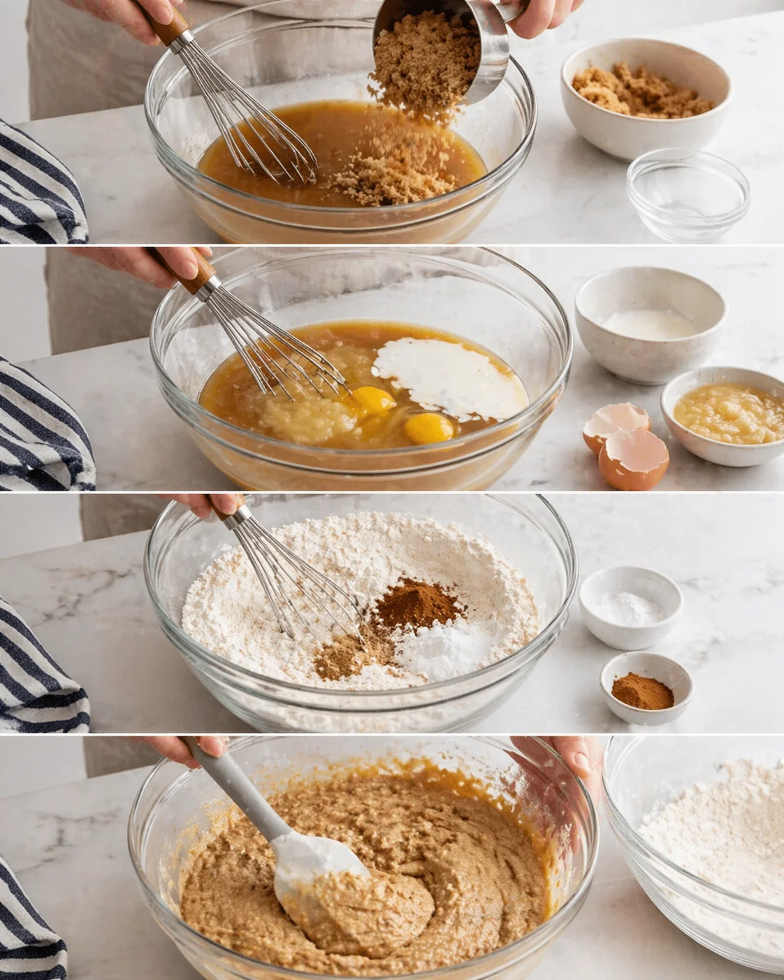four-panel collage of batter being prepared on a marble countertop: sugar pouring, eggs added, flour whisking.