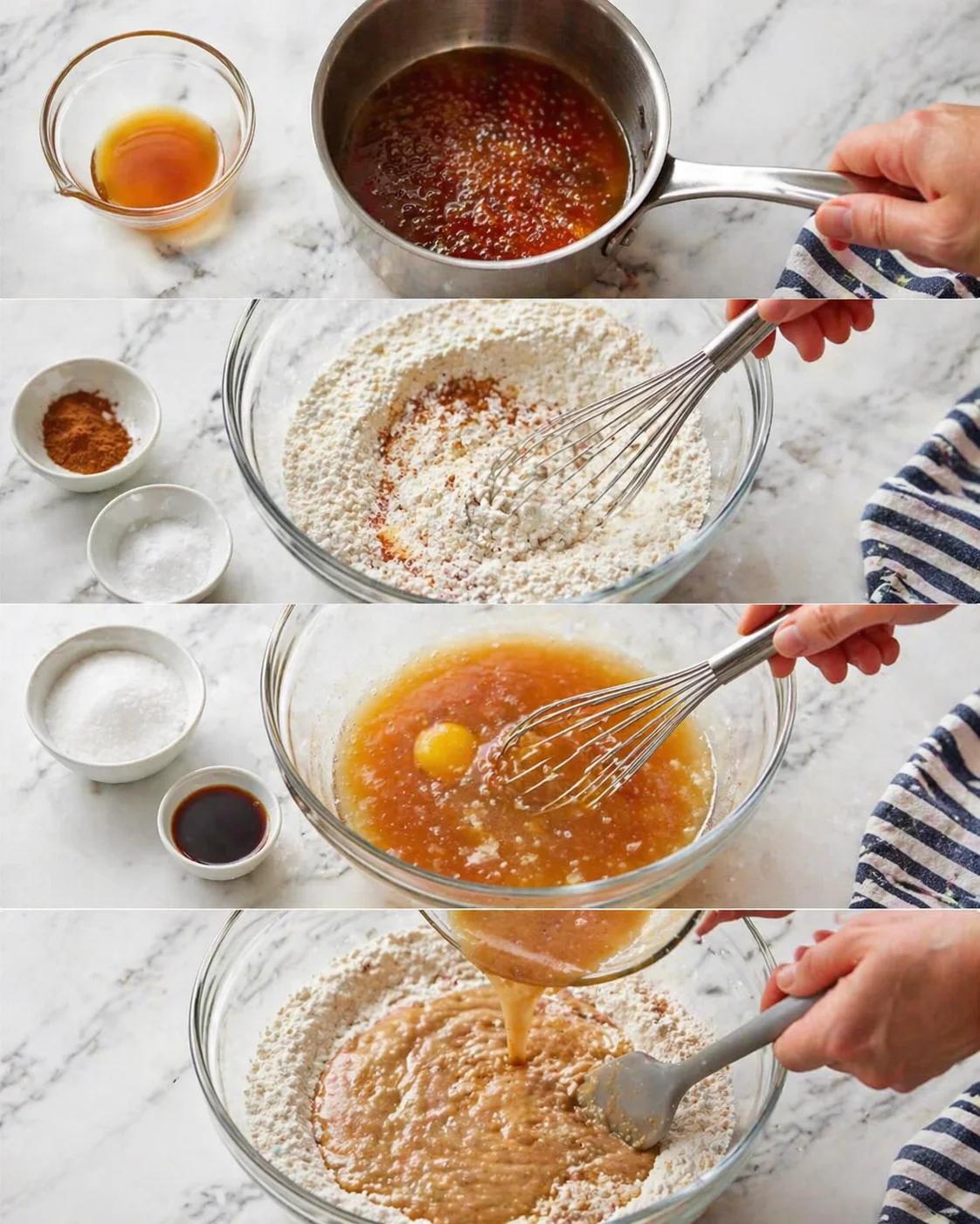 five-panel collage showing batter-prep steps: jam, flour, spices, eggs, and whisk