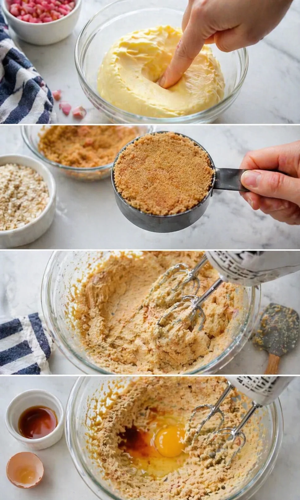 collage of step-by-step baking: creamed butter, brown sugar, batter being mixed with eggs