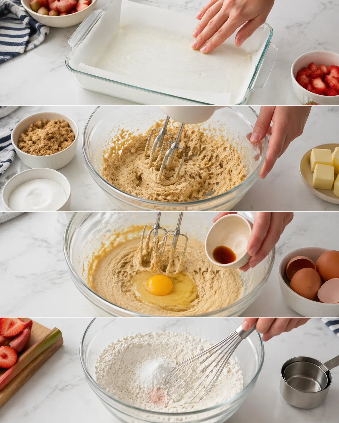 Multi-panel baking process showing pan lining, creaming sugar, whisking batter, and adding eggs.