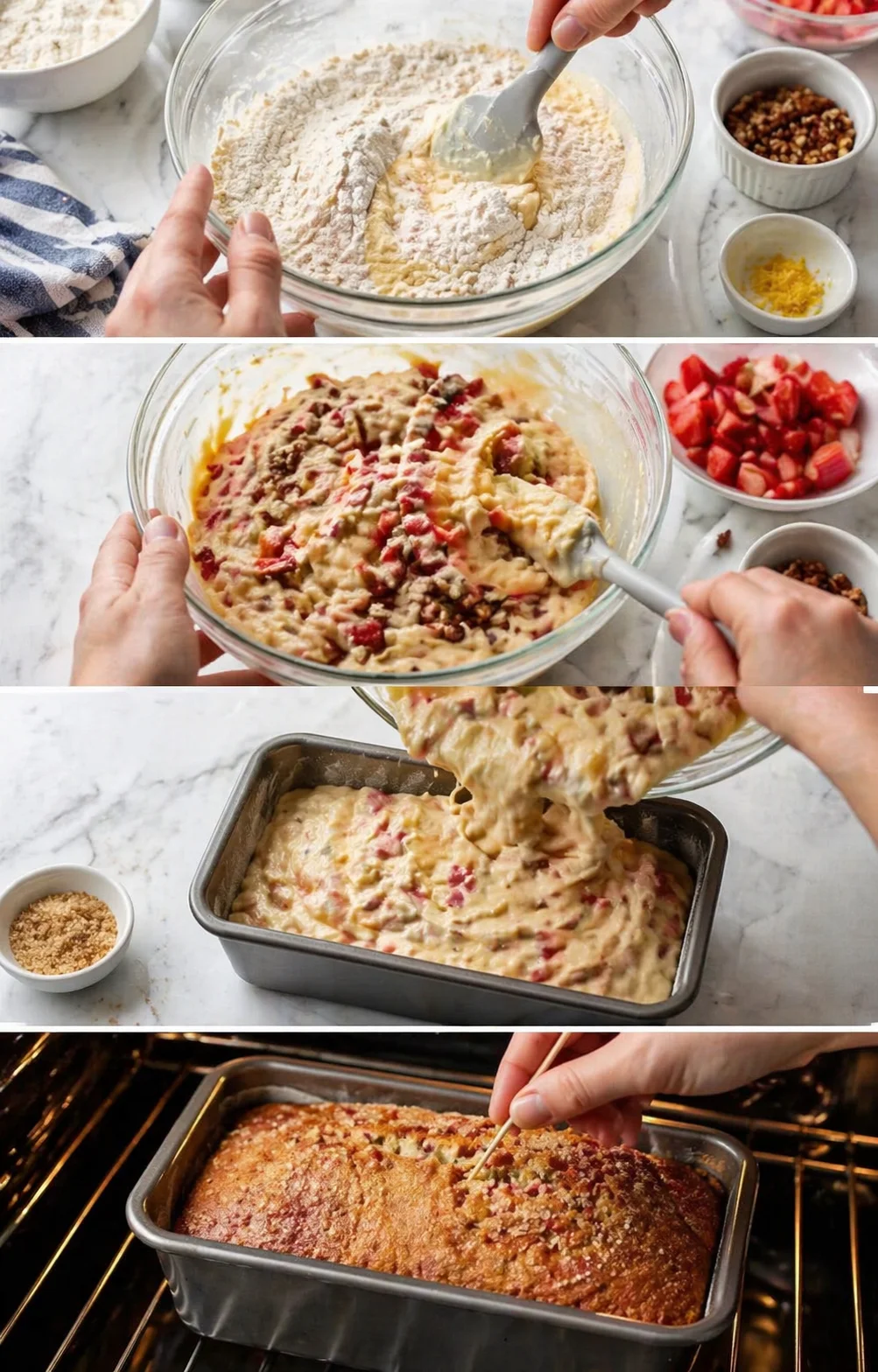 Hands mix flour with wet ingredients, fold in strawberries, and bake a strawberry bread loaf