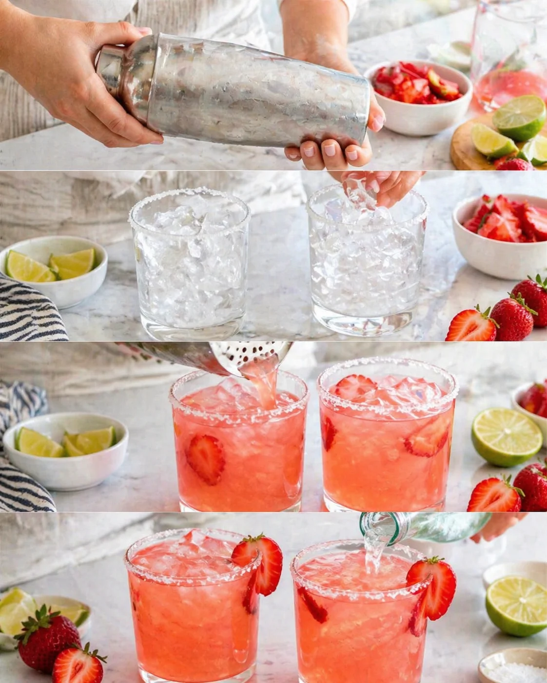 Sequence shows hands shaking a shaker, ice-filled glasses, fresh strawberries with lime nearby