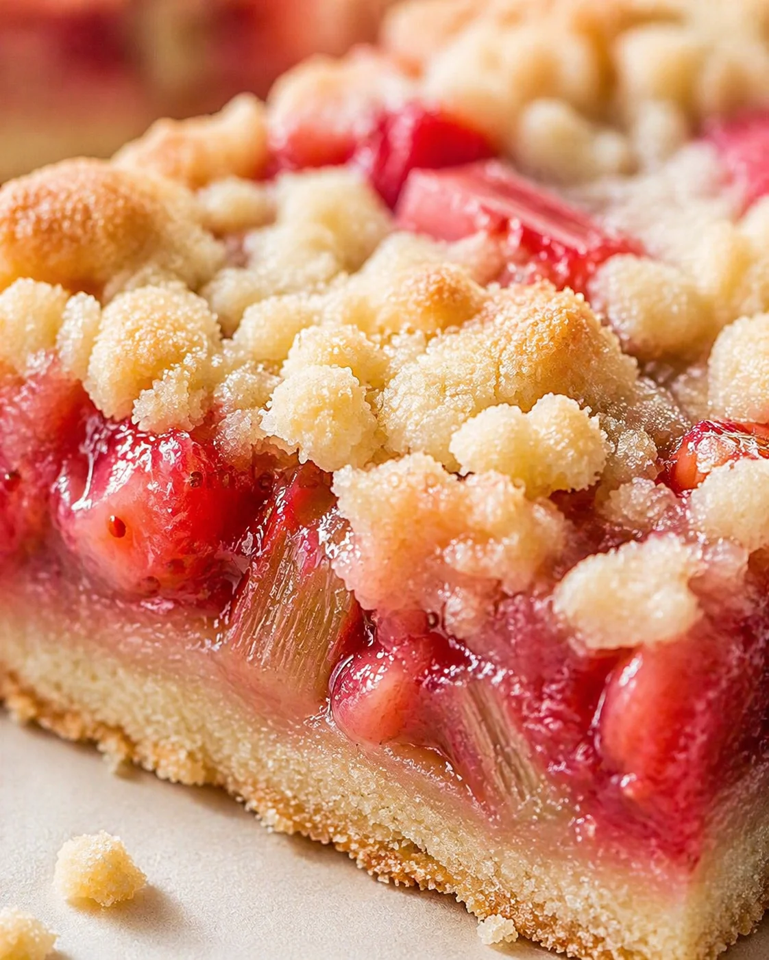 Close-up of a crumb-topped strawberry tart with a golden crust and glossy filling.