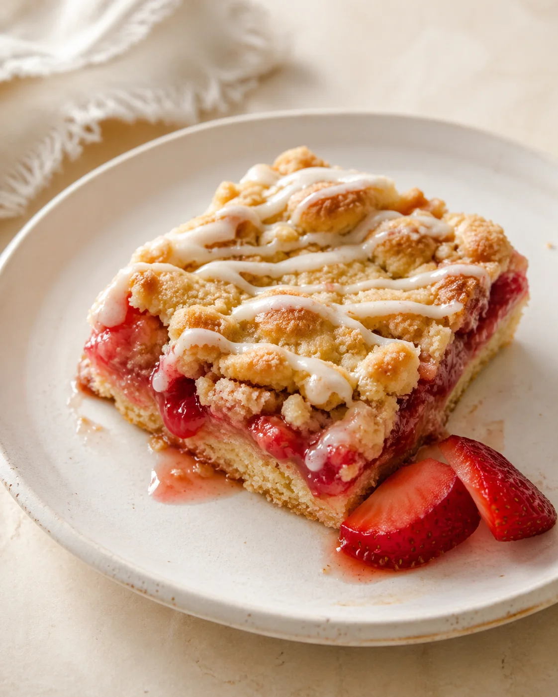 slice of strawberry crumble cake on a white plate with glaze and strawberry halves