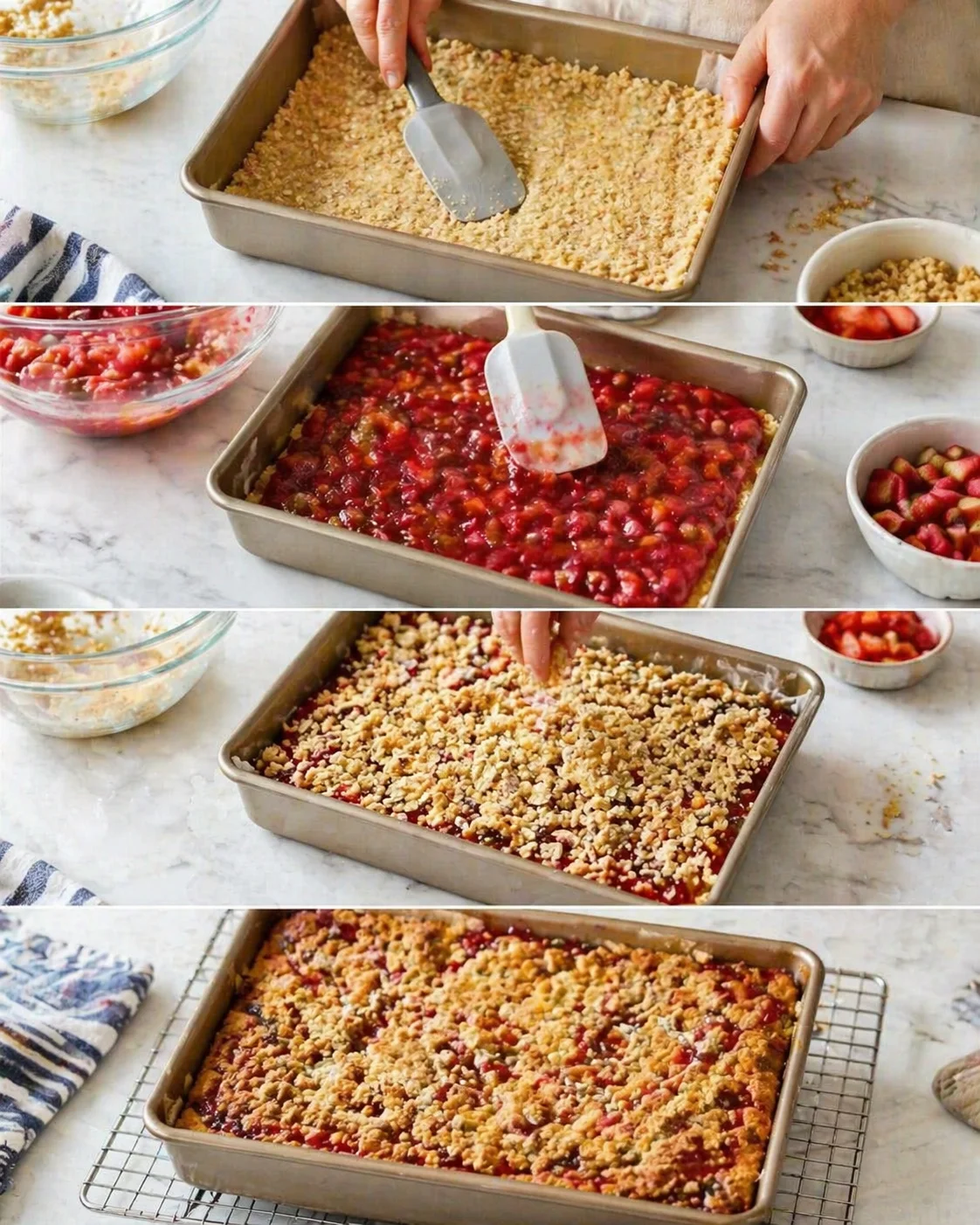 Collage showing steps to make strawberry crumble: spreading crumbs, pouring strawberry filling, adding topping, and baked crumble cooling.