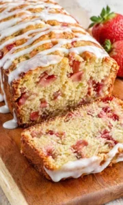 strawberry loaf cake sliced on a wooden board with white icing drizzle