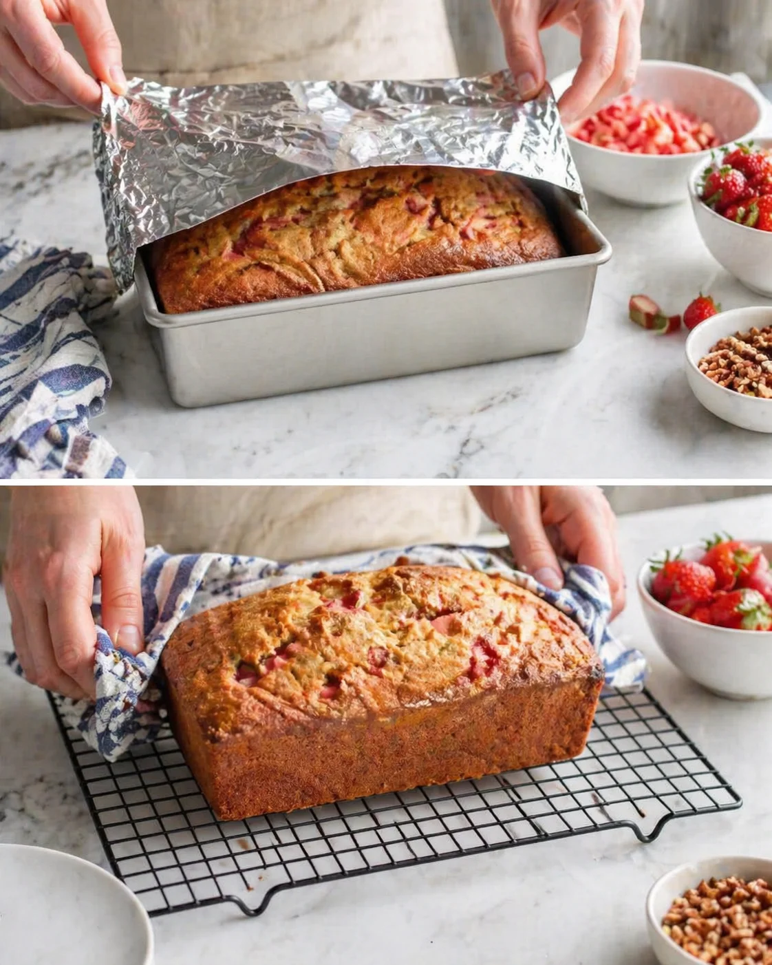Golden strawberry-pecan loaf being uncovered from a loaf pan, with bowls of strawberries and nuts nearby.