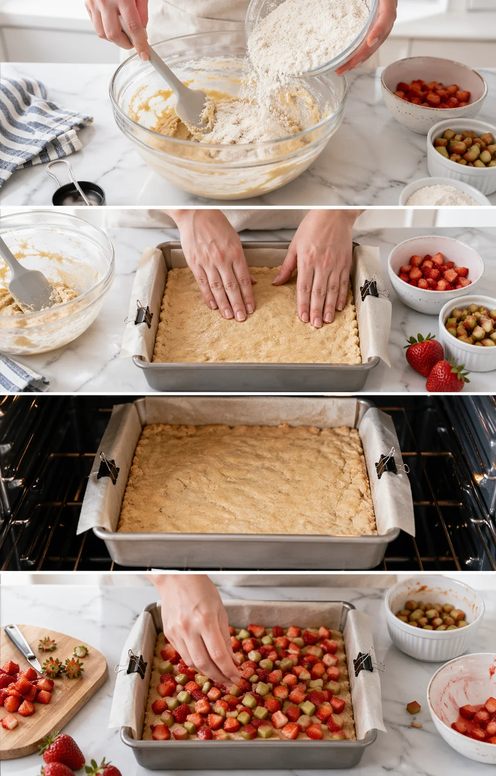A kitchen collage showing batter being mixed, crust pressed into a pan, and diced strawberries and rhubarb ready to top.