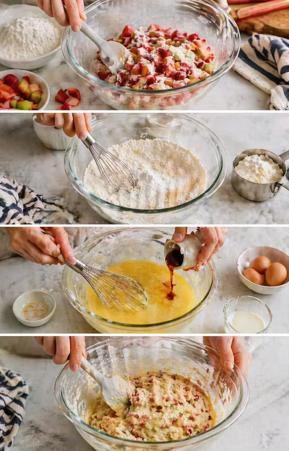 four-panel collage showing hands mixing fruit filling, whisking dry ingredients, adding liquids, and folding batter.