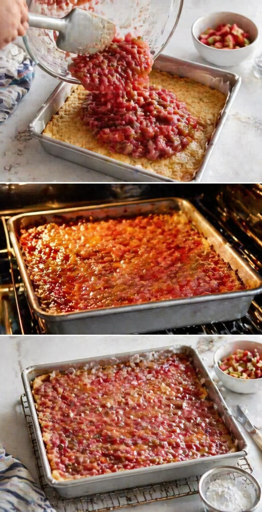 collage showing crumble-assembly: pouring filling, baking, and finished fruit crumble
