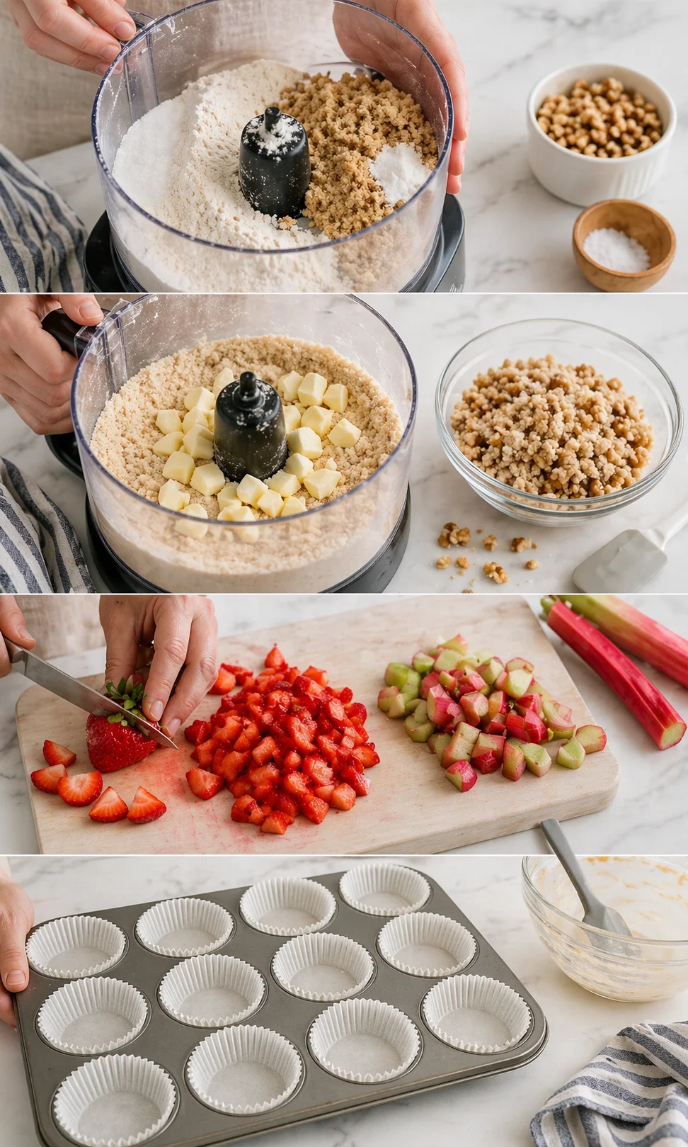 Food processor with flour and sugar, butter cubes added, chopped strawberries and rhubarb on a cutting board, muffin tin nearby.