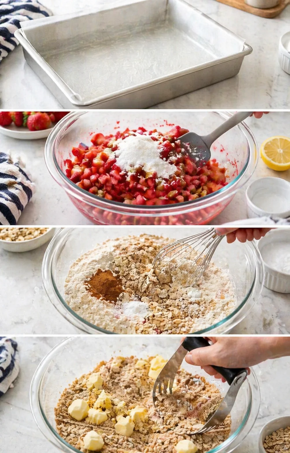 collage of crumble-topping and fruit-filling steps in a bright kitchen.