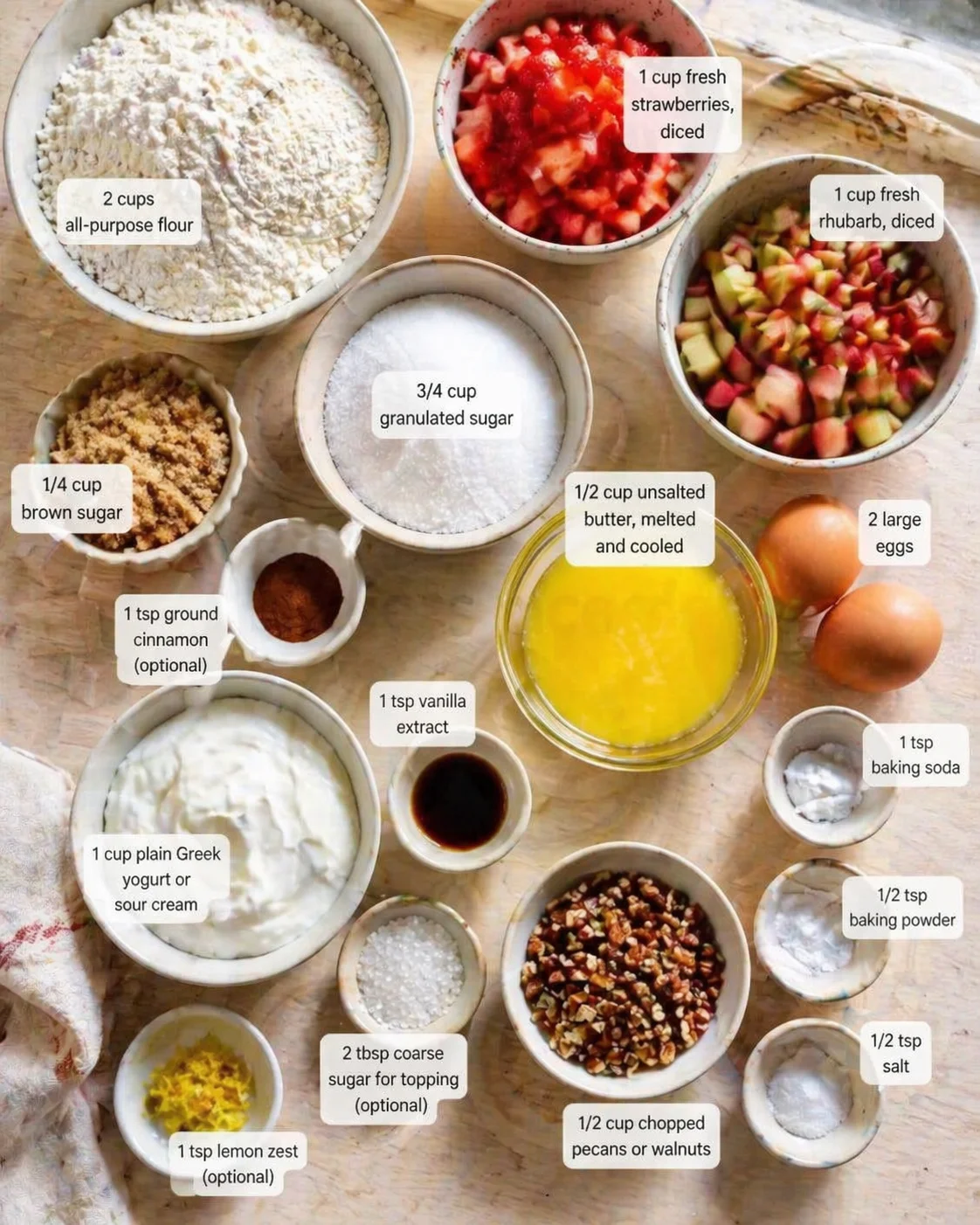 Overhead view of bowls with flour, sugars, butter, yogurt, eggs, and diced strawberries and rhubarb labeled for a recipe.