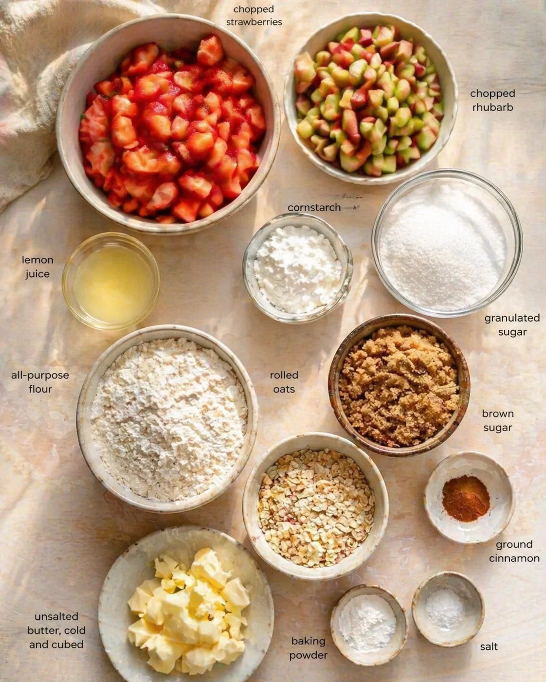 Top-down view of baking ingredients arranged on a light surface.
