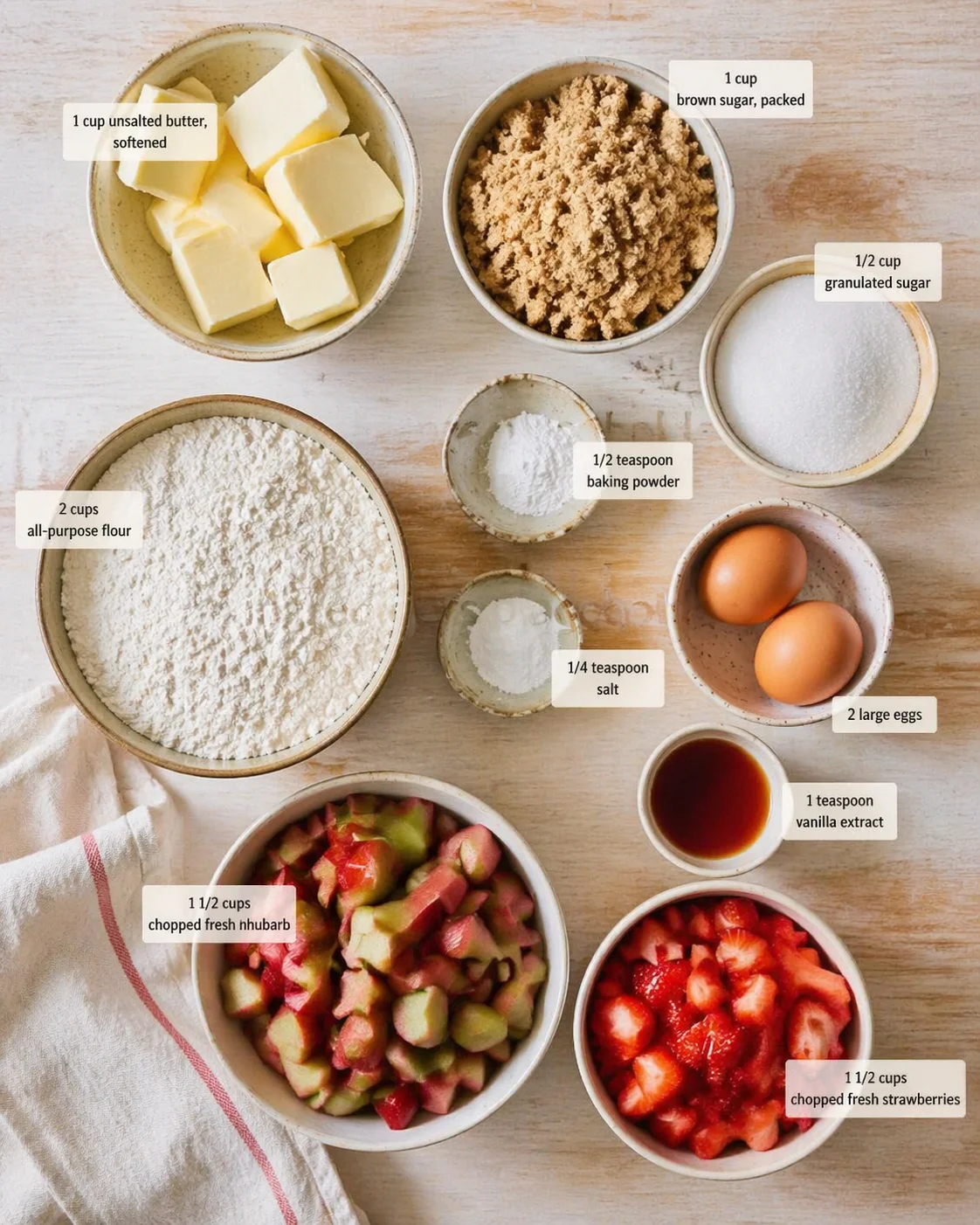 Top-down view of labeled bowls with butter, sugars, flour, eggs, and chopped fruit for a recipe.