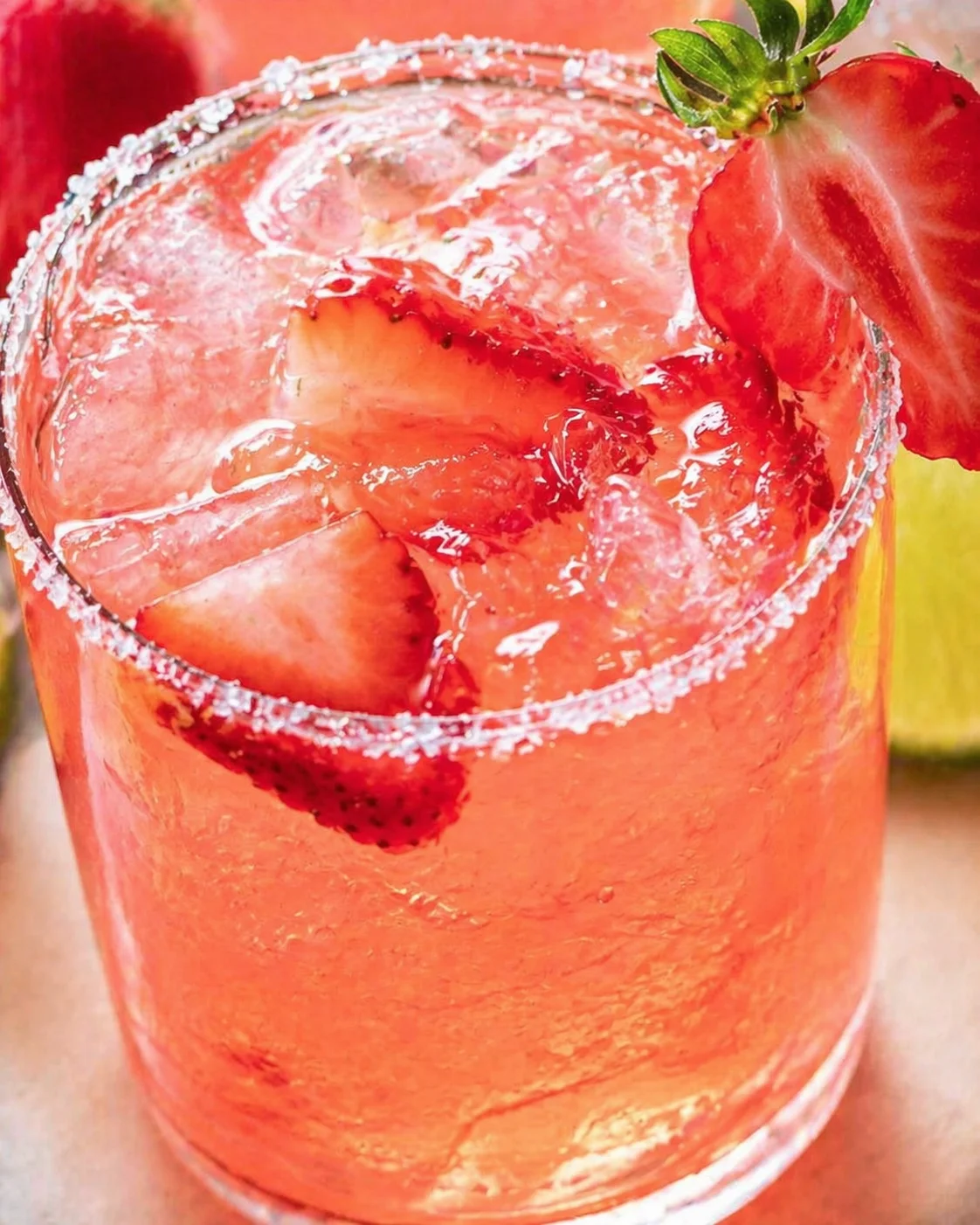 close-up of a pink strawberry cocktail in a salted rim glass with garnish
