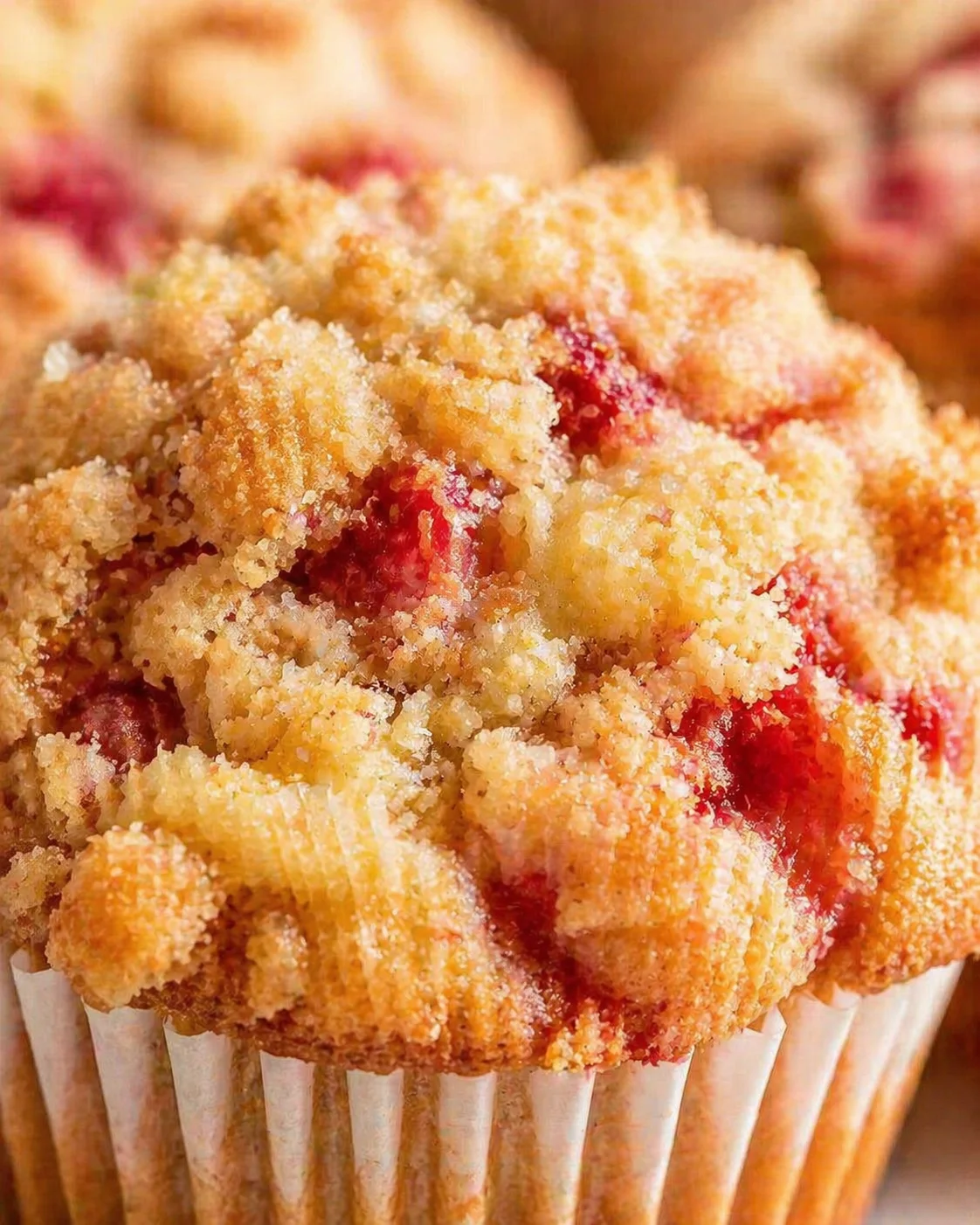 close-up of a berry muffin with crumbly streusel topping and visible red berry bits