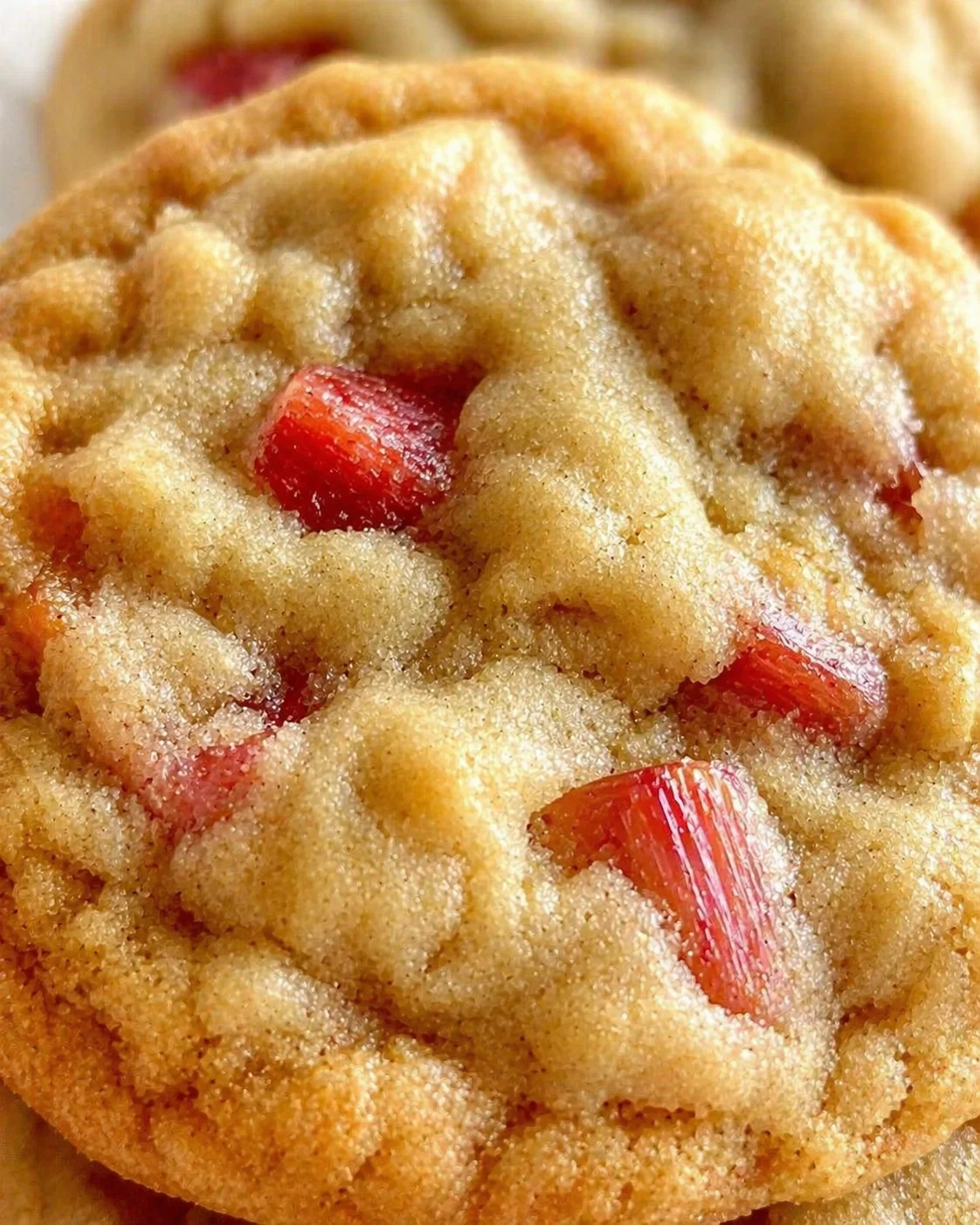Close-up of a golden-brown strawberry-studded sugar cookie with visible strawberry chunks.