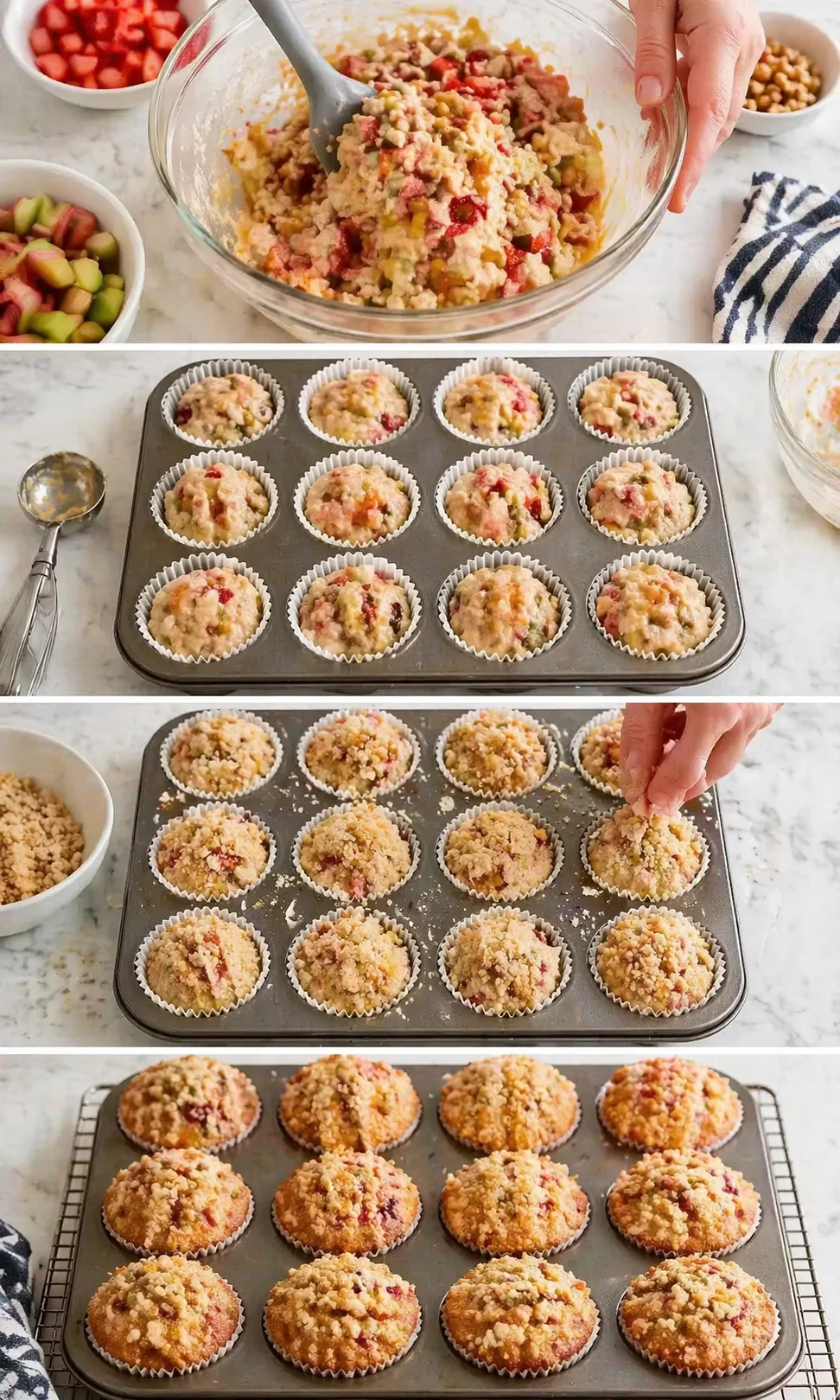 Collage showing batter mixing, filling muffin cups, and crumb-topped fruit muffins.