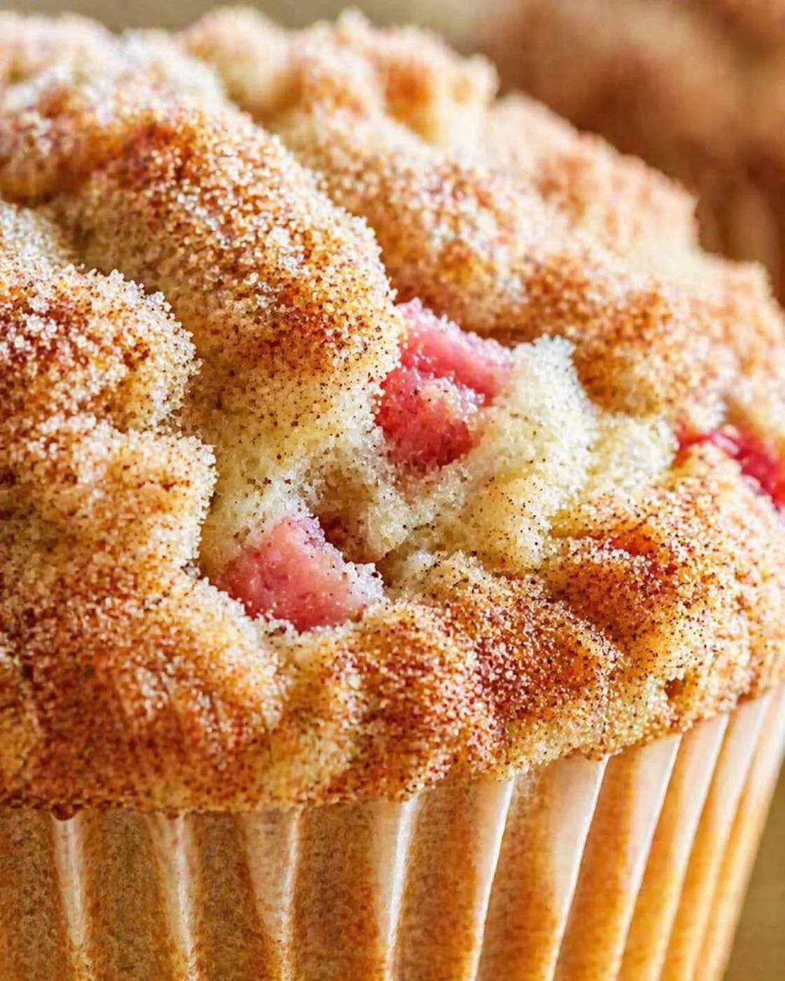 Close-up of a cupcake with coarse sugar topping, golden crust, and pink strawberry filling visible.