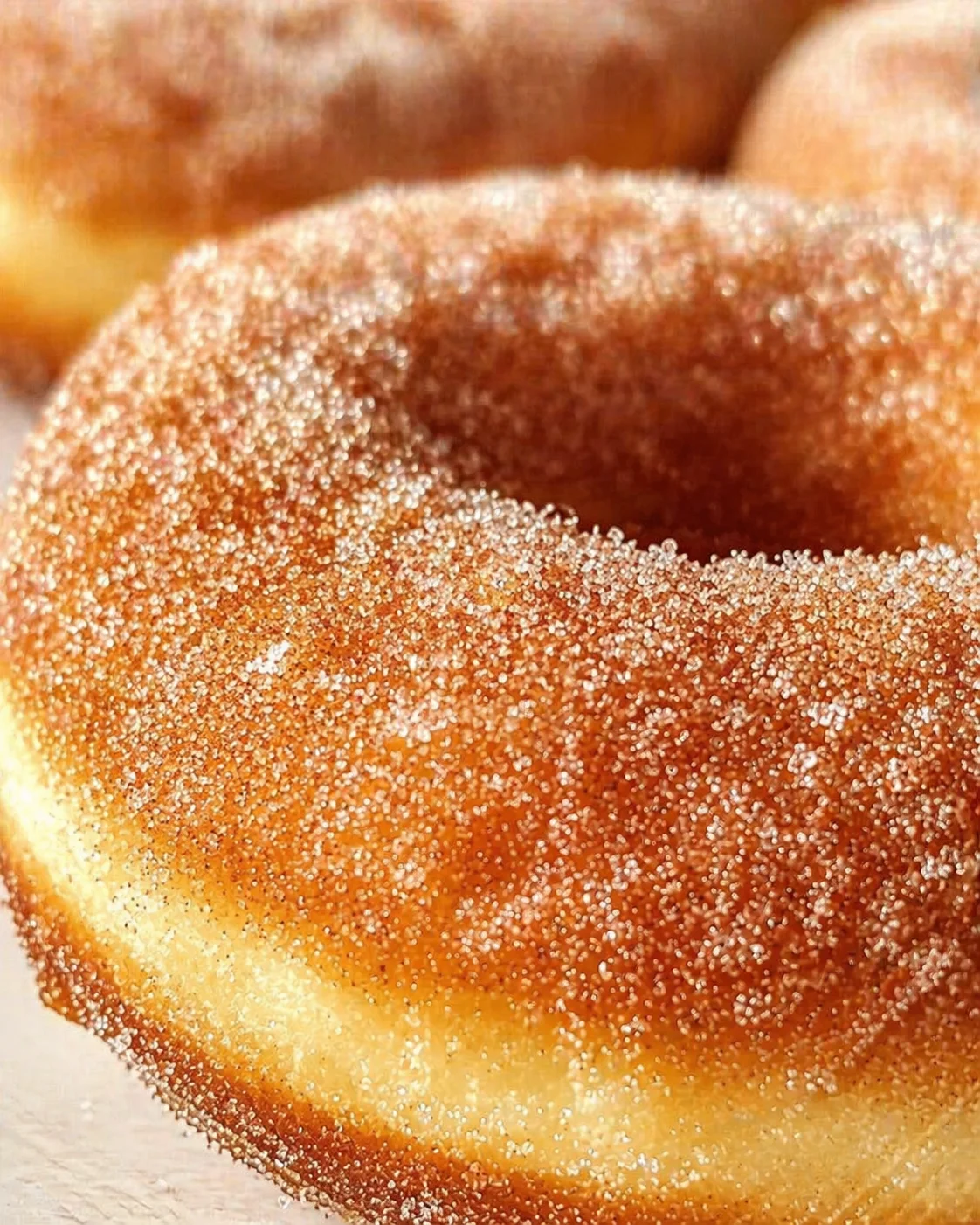 Macro close-up of a golden donut ring covered in white sugar crystals.