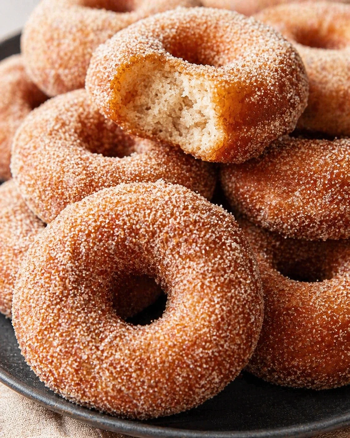 Close-up of warm, sugar-dusted donuts piled on a dark plate; bitten donut reveals fluffy interior.