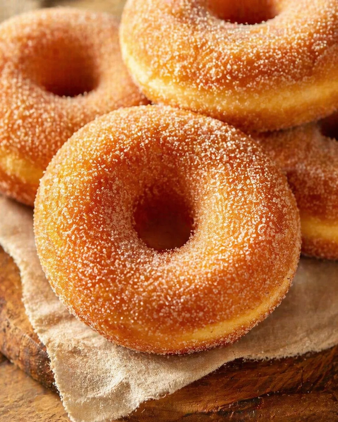 Golden sugar-dusted donuts stacked on a wooden board with a linen cloth
