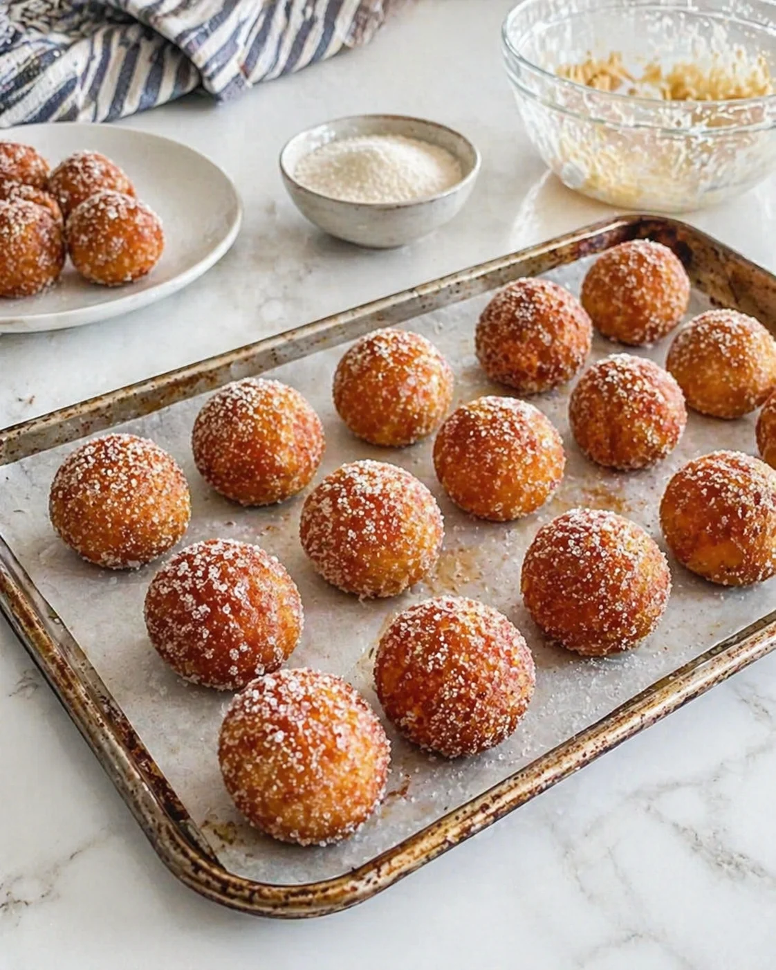 Golden-brown sugar-dusted dough balls arranged on a parchment-lined baking sheet.